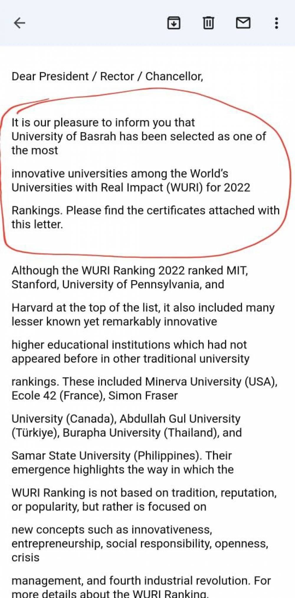 اختيار جامعة البصرة واحدة من افضل جامعات العالم في الابداع بتصنيف (WURI)
